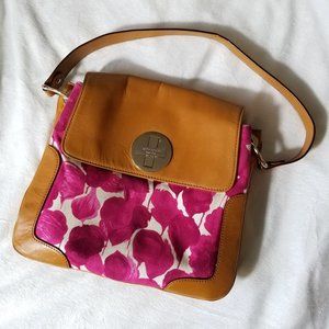 Kate Spade camel leather handbag w/ floral canvas accents